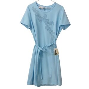 1960s Henry Lee Sky Blue Floral Embroidered Short Sleeve Belted Dress 20